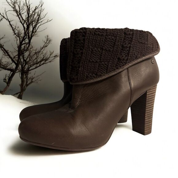 UGG Australia Dandylion Tres Brown Leather Knit Ankle Boots Size 9.5 1008755 EUC - Picture 1 of 12